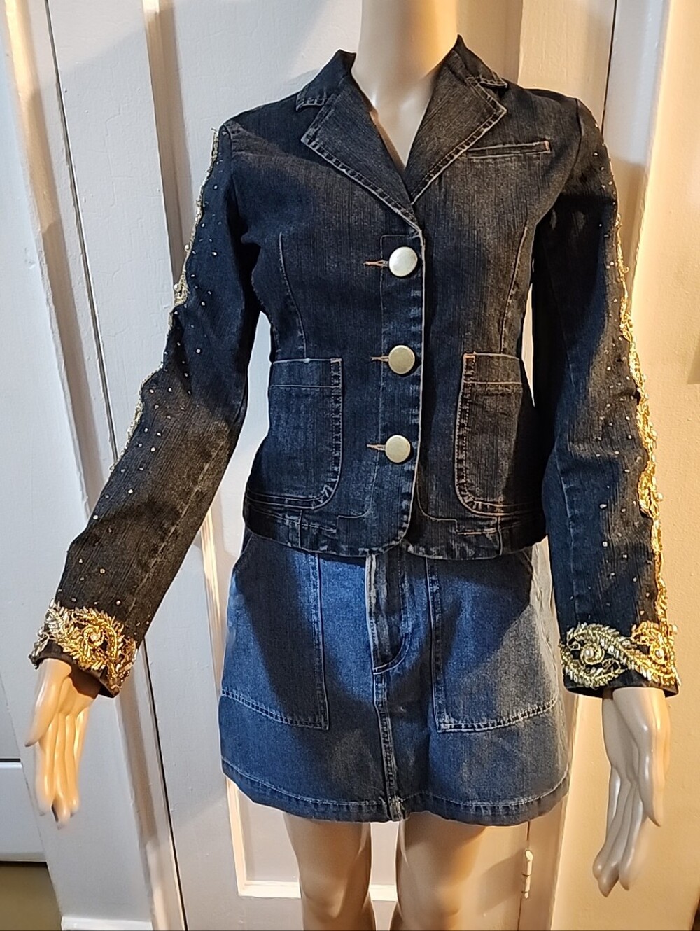 Dark Blue Denim Jacket/Blazer Gold & Beaded Embelishment Size 2/XS NWT